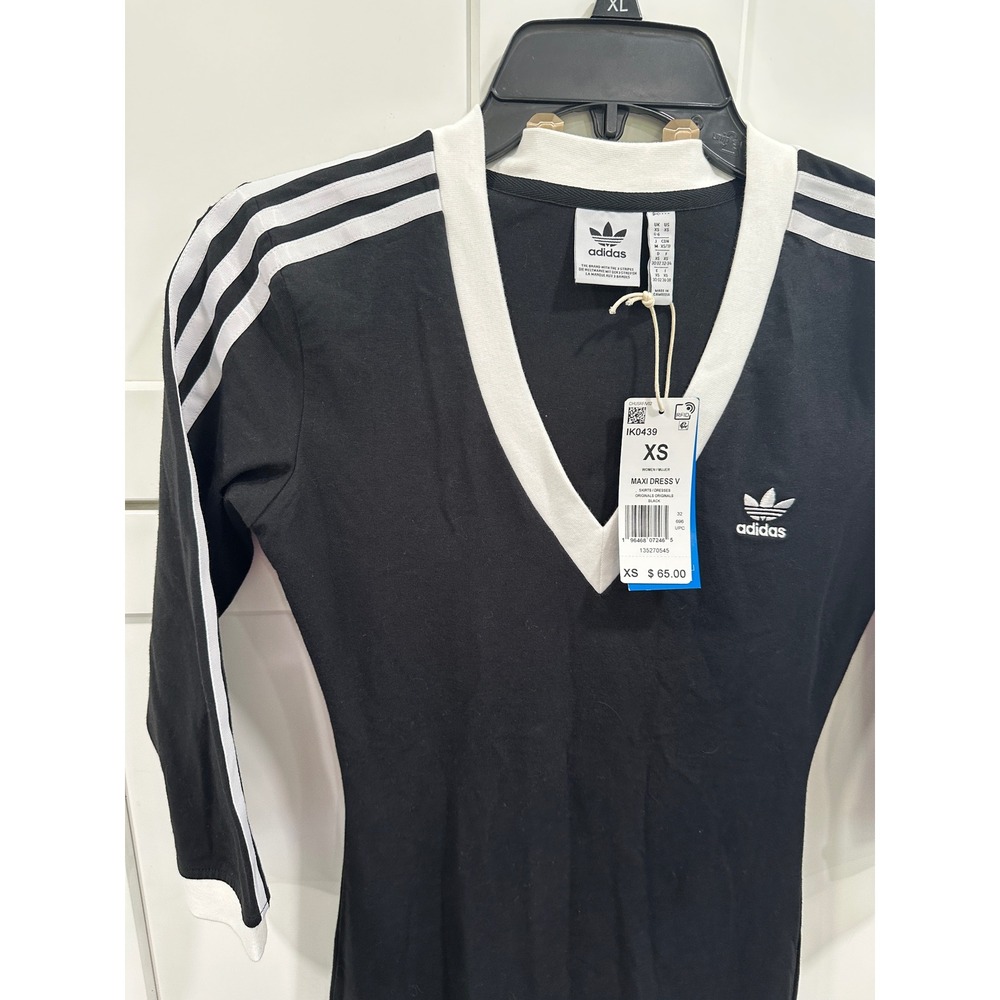 Adidas Originals Maxi Dress V Black White Stripe Womens XS New - Picture 2 of 6